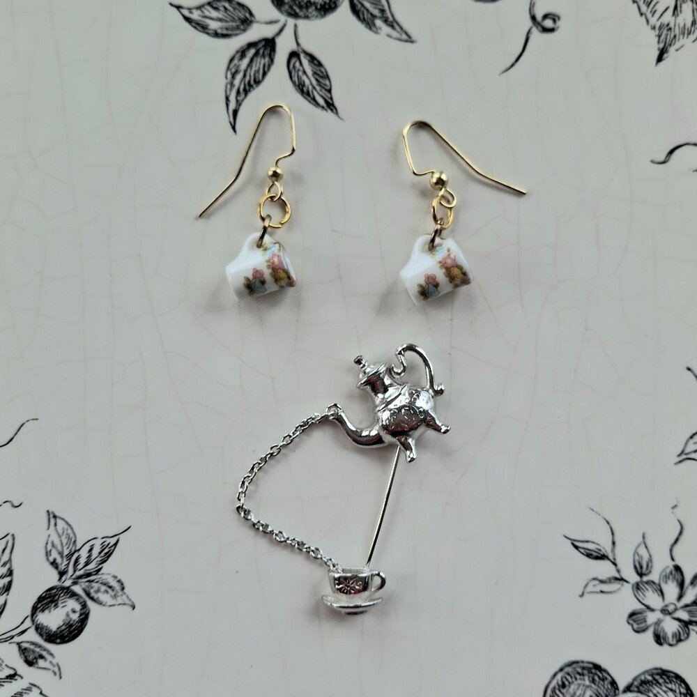 Vintage High Tea Brooch And Earring Set